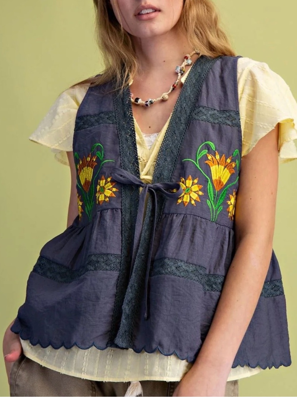 Easel Navy Embroidered Floral Tie-Front Vest